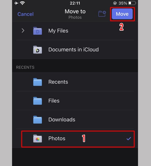 Select move to Photos and press Done button to confirm